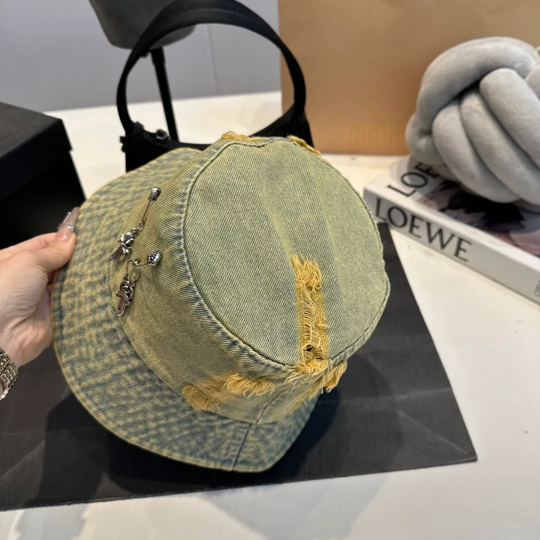 P60 Croxin spring and summer new denim fisherman hat, retro old street style, washed and torn edges, photo-taking item